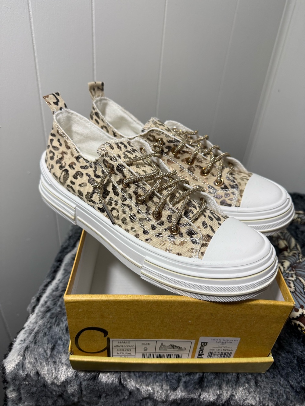 Very G Leopard-Print Platform Sneakers in Cream & White Gold Laces